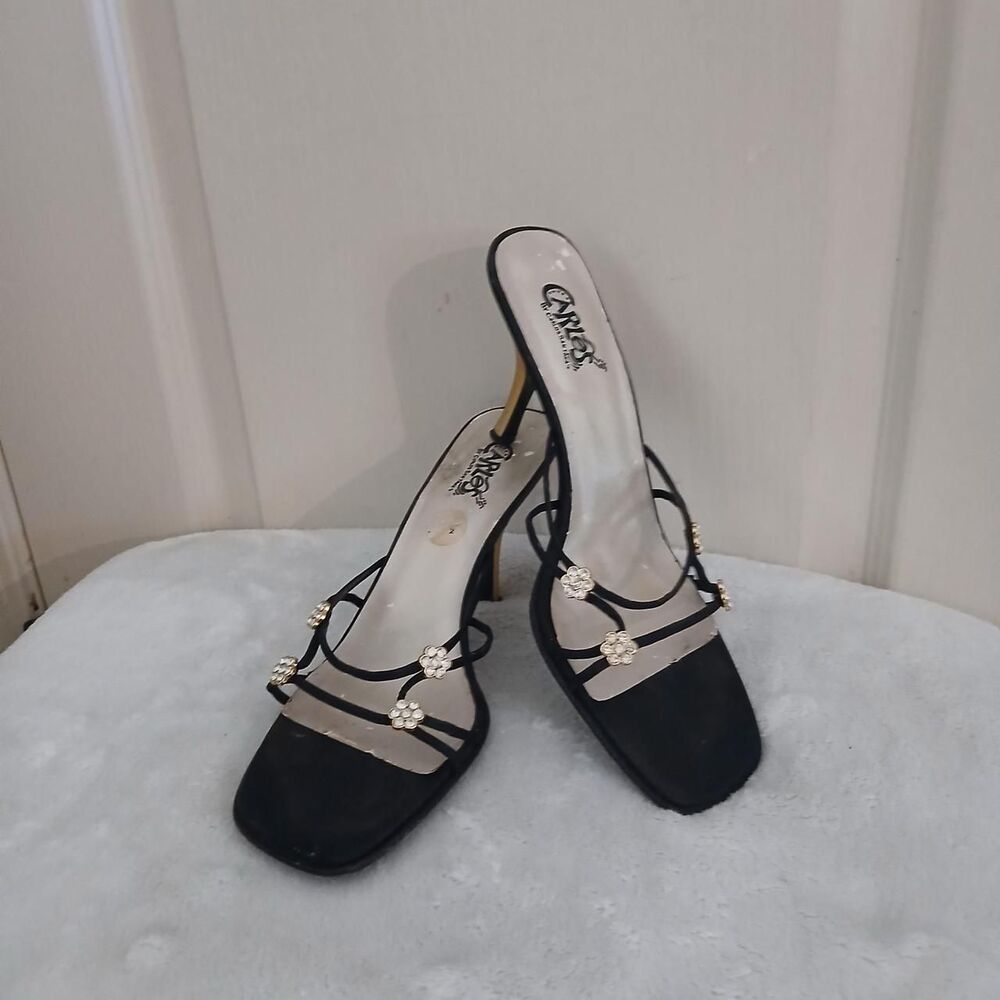 Y2K Mcbling Carlos by Carlos Strappy Cage Floral Rhinestone Square Toe Heels 7.5